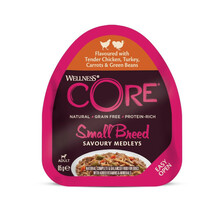 Wellness Core Small Breed Savoury Medleys, karma mokra, dla dorosłych psów małych ras, kurczak, indyk, marchew, zielona fasolka, 85g, szalka